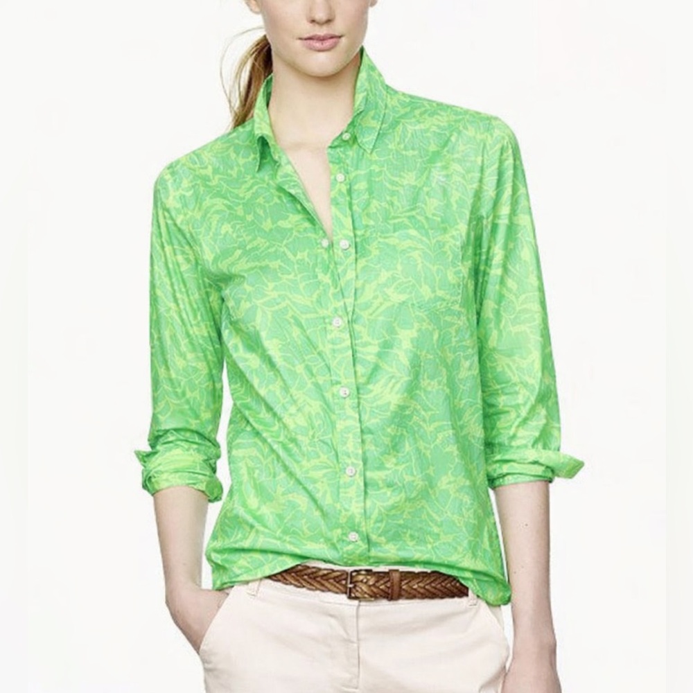 J, Crew Women’s Boy Cotton Button-Up Shirt Long Sleeve Floral Green Size 4